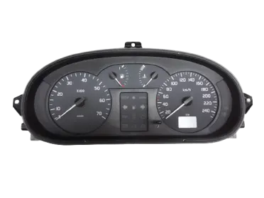 Compteur Renault Megane Jaeger Connect. gris et rouge, 4 aiguilles, fond blanc